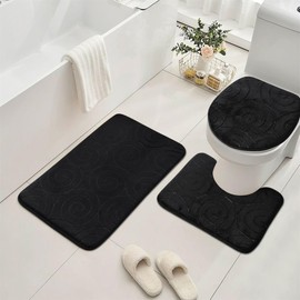 lfcforldx Bathroom Rug Sets 3 Piece, Memory Foam Non Slip Bathroom Rug, Toilet Rugs U Shaped Washable, Soft Absorbent Bath Mats for Bedroom, Kitchen, Black