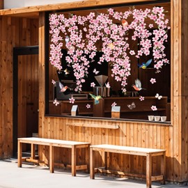 Whaline 9 Sheets Cherry Blossom Floral Window Clings Spring Glass Decals Pink Flower Bird Butterfly Reusable Window Decoration for Summer Party Home Classroom Office
