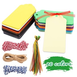 LATERN Gift Tags with Hole 200 Pcs 20 Colors, Kraft Paper Hang Tags Sign with 4 Roll String, Rectangle Hanging Tags for Christmas Presents Wedding Party Favors DIY Xmas Holiday