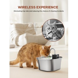 FWMB Cat Water Fountain Wireless - Battery Operated Stainless Steel Cat Fountain, Automatic Cordless Pet Water Fountain Indoor, Easy Clean BPA-Free for Cats, Dogs, Multiple Pets