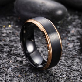 King Will Mens 8MM Black Tungsten Carbide Ring Matte Brushed Wedding Band Rose Gold Plated Beveled Edge 8