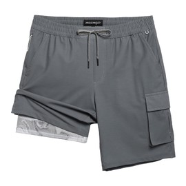 MaaMgic Mens Swim Trunks 9'' Compression Liner 2 in 1 Cargo Shorts Quick Dry Bathing Suit with Pockets,Grey,X-Large