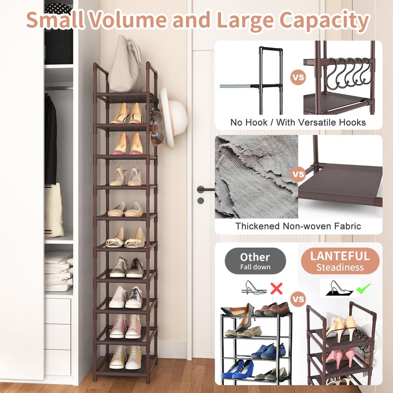 LANTEFUL Tall Shoe Rack 10-Tier Narrow Shoe Shelf Storage for