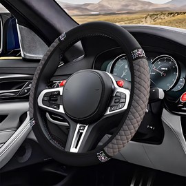 ZIMISI Bling Soft Leather Steering Wheel Cover, 15" Anti-Slip Sparkly Crystal Auto Elastic Steering Wheel Protector for Women Girl, Colorful Diamond Car Interior Accessory for Most Cars (Grey)