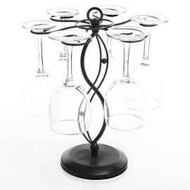 MyGift 6-Hook Rotating Wine Glass Rack with Sturdy Base & Scrollwork Design - Black Metal Countertop Stemware Holder | Rust-Resistant, Space-Saving Storage for Kitchen, Bar, Dining Table (13.75" H)