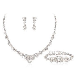 EVER FAITH Bridal Jewelry Set for Wedding, Elegant Crystal Teardrop Costume Prom Party Women Necklace Dangle Earrings Bracelet Sets for Brides Clear Silver-Tone