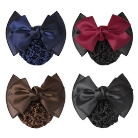 TXIN 4 Pieces Women Hair Snood Net Bowknot Decor Barrette Elastic Mesh Hair Bun Cover Satin Bow Crochet Hairnet Professional Hair Clip Hairpin for Women Girls Working Styling Accessories, 4 Colors