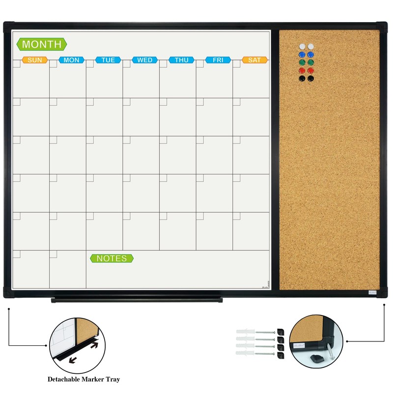 JILoffice Magnetic Calendar Whiteboard & Bulletin Corkboard Combination, Combo Board