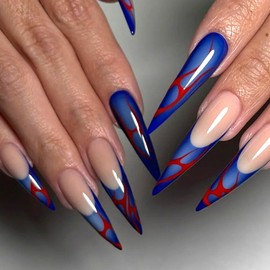 Blue French Tip Press on Nails Long Stiletto Fake Nails with Red Flame Designs Extra Long False Nails Glossy Full Cover Glue on Nails Reusable Stick on Nails for Women Acrylic Nail Set 24Pcs