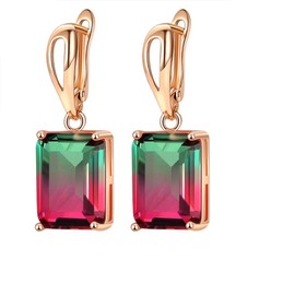 Uloveido Gold Plated Clip On Earrings, Emerald Cut Earring, Simulated Tourmaline Dangle Drop Earrings, Green Red Cubic Zirconia ER0588