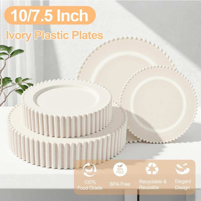 ROCOHANTI 60PCS Ivory Plastic Plates - Beaded Ivory Disposable Plates