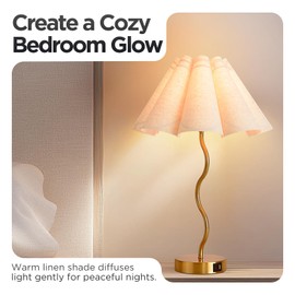 Fengarolam Touch Control Table Lamp with USB Ports, 22” Tall Gold Bedside Lamp with 3-Way Dimmable E26 Bulb, Fabric Shade & Curved Metal Stem, Modern Nightstand Lamp for Bedroom, Living Room, Office