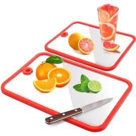 Tempered Glass Cutting Board for Kitchen,Clear Glass Cutting Board for Countertop with Non-Slip Silicone Edge,Dishwasher Safe,Heat Proof,Scratch-Proof,Shatter Proof,15×10.2&12×8Inch (2Pcs Red)