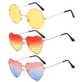 GWAWG 3 Paires of Women's Heart Shaped Sunglasses Hippie Sunglasses Retro Women's Hippie Glasses Metal Frame Retro Glasses for Men Women Party Festival Costume Accessories