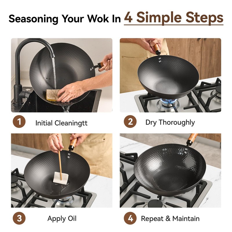 WANGYUANJI 12.6" Iron Wok with Lid, Flat Bottom Nonstick Wok