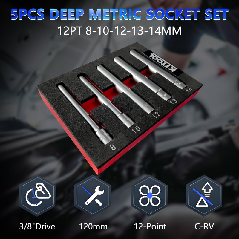 KTTOOL 5PCS Deep Metric Socket Set, 3/8-Inch Drive Thin Wall