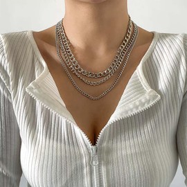 Inateannal Vintage Silver Layered Necklace Chunky Cuban Choker Necklace Thick Cuban Chain Jewelry for Women