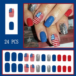 4th of July Press on Nails Short Square Fake Nails Independence Day False Nails Silver Glitter Full Cover Stripe Acrylic Stick on Nails for Patriotic Flag Women Girls 24Pcs