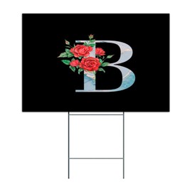 Monogram Blue Initial Letter B Lawn Signs with Stakes Lawn Yard Decorations for Rent 12x18 Inch Custom Lawn Sign Peony Flower Red Garland Metal Yard Signs with Stakes for Gender Reveal Garage Sale