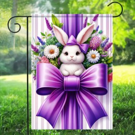 BlissYard Spring Garden Flag 12x18 Inch Double Sided Bunny with Purple Bow Happy Easter Decorations Easter Small Flag For Outside Outdoor Farmhouse Spring Decor Yard Flag