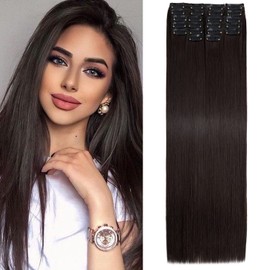 S-Noilite 22 Inches Long Straight Hair Extensions Clip in Full Head 12PCS Hair Extensions Clip on Synthetic Fiber Hairpieces for Women - Dark Brown