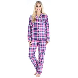 PajamaMania Women's Cotton Flannel Long Sleeve Button-Down Pajamas PJ Set, Pink & Navy Plaid, Small