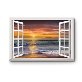 Renditions Gallery Canvas Beach Decor Fake Window View Pitures for Home Calm Ocean Orange Sunset Swells Wall Hanging Prints for Bedroom Living Room Kitchen Decorations - 24"X36" LT04