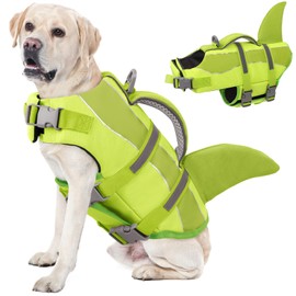 SUNFURA Dog Life Jacket - Shark Dog Life Vest for Swimming Boating, Reflective Lifejacket with High Buoyancy and Rescue Handle, Adjustable Lifesaver for Small Medium Large Breeds, Green S