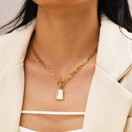 FUTIMELY Trendy Gold Irregular Square Pendant Necklace for Women,Dainty Paperclip OT Toggle Charm Necklace,White Sea Shell OT Buckle Long Statement Necklace (Gold)