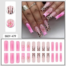 24pcs Long Square Press on Nails French Tip Press ones Fake Nails Pink Full Cover with 3D Flower designs Stick on Nails Glossy Leopard False Nails Reusable Glue on Nails for Women Nail Decor