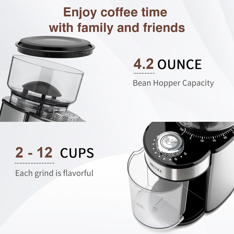Secura Conical Burr Coffee Grinder Electric Coffee Grinder with 25