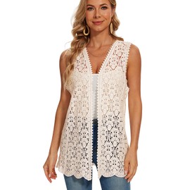 Womens Floral Crochet Lace Boho Trim Sleeveless Open Front Vest Cardigan