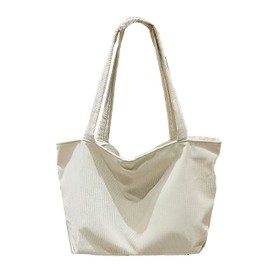 Corduroy Tote Bag with zip Reusable Shopping Bag Casual Handbags shoulder Bag for Ladies College School bookbag Laptop bag (Cream)