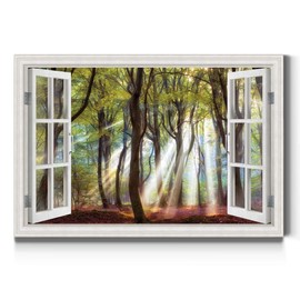 Renditions Gallery Nature Arwork Canvas Scenic Window View of Sun Light coming through Forest Trees Wall Hanging Pictures for Bedroom Dining Living Room Office Home Kitchen Wall Decor - 8"X12" LT01