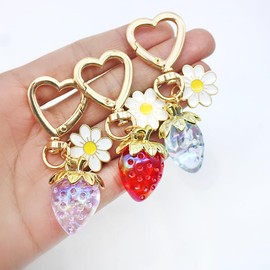 3Pcs Strawberry Keychain, AIFUDA Cute Strawberry Heart-Shaped Flowers Keyrings Daisy Keychain Accessories for Girls Purse (Red Blue Purple)