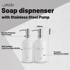 Janxin Glass Soap Dispenser 2 Pack,Dish Soap Dispenser for Kitchen Sink with Pump,Modern Bathroom Soap Dispenser with Waterproof Labels for Hand Soap, Dish Soap, Lotion (White Bottles+Silver Pumps)