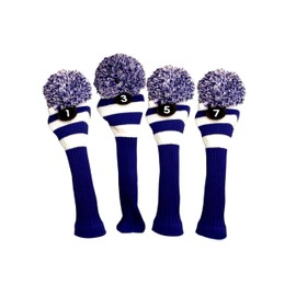 Majek Golf Club 1 3 5 7 White and Blue Limited Edition Driver and Fairway Wood Head Covers Fits 460cc Drivers Tour Knit Retro Vintage Pom Classic Long Neck Metal Longneck Woods Headcovers