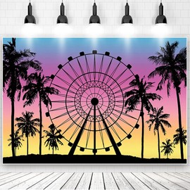 9x6ft Ferris Wheel Backdrop Sunset Seaside Palm Tree Silhouette Photography Backdrop for Hawaiian Music Art Festival Camping Party Decoration Banner