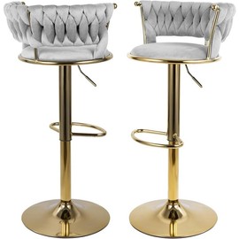 Set of 2 Velvet Bar Stools, Counter Height Stools with Low Back, Gold Swivel Bar Chairs for Kitchen Island, Bar - Color: Light Gray