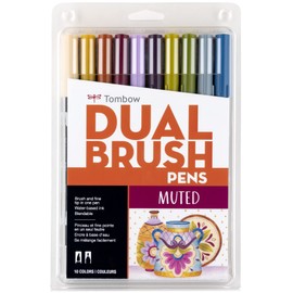 Tombow 56185 Rotuladores artísticos de doble pincel, brillantes, paquete de 10. Marcadores de punta fina y pincel mezclables, Muted