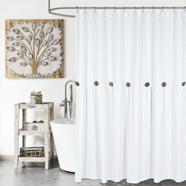 DOSLY IDÉES Farmhouse Shower Curtain, White Cloth Button Curtain, Cotton Blend Fabric, Rustic Country Shabby Chic Style, 72x72 in, Bathroom
