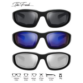 The Fresh Motorcycle Riding Glasses Padded Frame Lens Block 100% UVB for Outdoor Activity Sport (1403-Matte Black, Grey, Blue Mirror, & Silver Mirror)