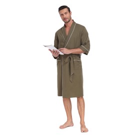 CF Men's Robe Cotton Bathrobe Soft Short Sleeve Bath Robes Shower Robe for Spa Soft Kimono Lightweight Sleepwear with Pockets(Olive Green,M)