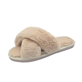 Beige Cross Slippers Fuzzy Fluffy Faux Fur House SPA Cute Open Toe Slippers for Women Girl