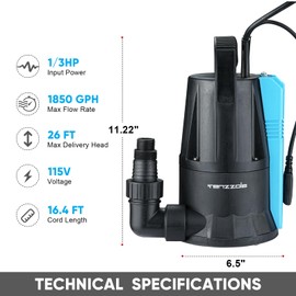 Tenzzola Sump Pump, 1/3 HP 1850GPH Automatic Submersible Utility Water Pump, Portable Electric Low Level Drain Water Removal Pump with Sensor Switch for Swimming Pool Basement Garden Pond Draining