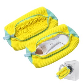 Henkion Reusable Shoe Washing Bags for Machine Washer & Dryer - 360° Cleaning, Durable Zipper, Plush Protection - Fits All Shoe Sizes/Sneakers (Yellow, 2Pcs)