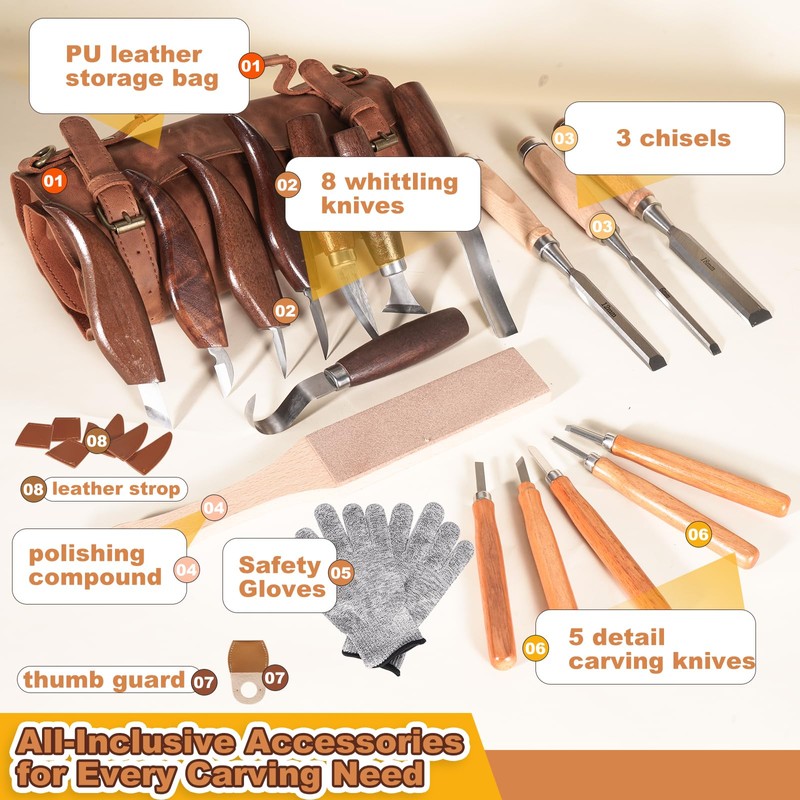 Premium Wood Carving Tools Kit - Ergonomic Walnut Handles, Razor-Sharp