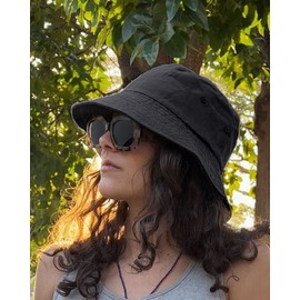 Camptrace Bucket Hat for Women Men Canvas Washed Cotton Trendy Distressed Womens Summer Beach Sun Hats with Detachable String (Black, Medium)