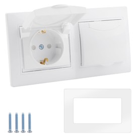 BlueXP 2-Way Socket Flush-Mounted Kit 16 A 250 V Double Socket with Flap White Indoor and Outdoor Waterproof Wall Socket Protective Contact Socket with Hinged Lid for Bathroom Kitchen Cellar Garage
