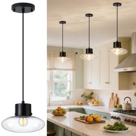 Osimir Glass Pendant Lights Kitchen Island, 1-Light Black Modern Pendant Light with Clear Glass, Mini Hanging Ceiling Lighting for Kitchen Sink Bathroom Bedroom, Adjustable Cord, OS-JJ1513-1PBK
